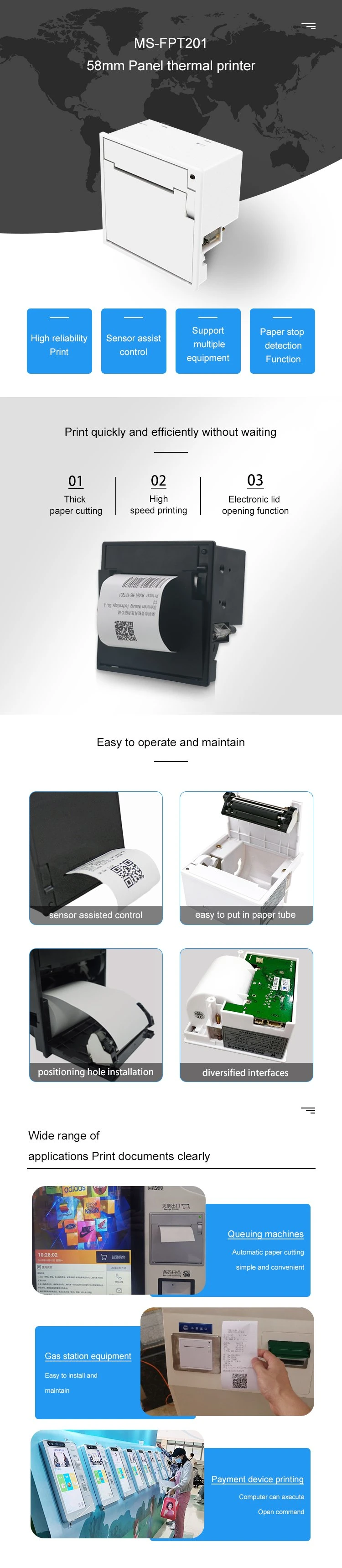 Masung Fpt301 80mm Embedded Auto Cutter Thermal Panel Printer Kiosk Ticket Printer